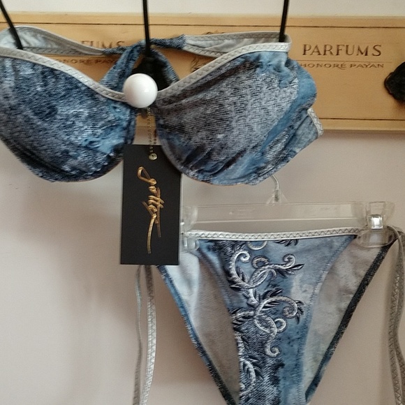 #4 NWT GOTTEX DENIM & TATTOO LOOK UNDERWIRE HalterTop StringBottom DESIGNER Copy - Picture 1 of 8